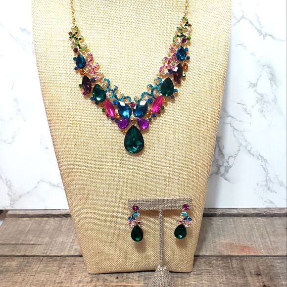 DRAMATIC STATEMENT NECKLACE & EARRINGS SET Costume Jewelry Prom Formal - Picture 1 of 12
